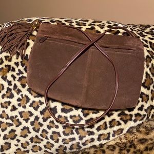 Bechamel brown suede crossbody purse w/removeable strap & fringed zipper pull